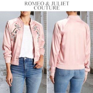 ROMEO + JULIET Bomber Jacket Dusty Pink Floral Embroidered Satin Lined Crew